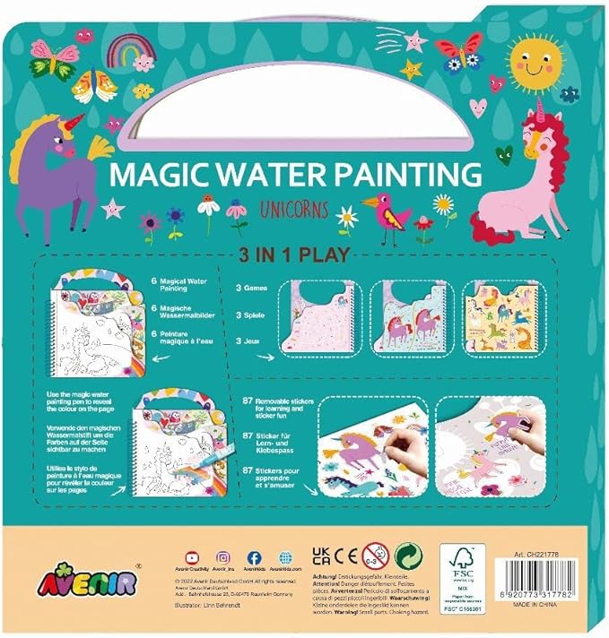 Reusable Water Coloring Book for Toddlers 3-5 Years, Road Trip & Airplane Mess-Free Portable Educational 4 in 1 Creative Set Water-Reveal Paint Activity Doodle Pad Kids Art Crafts