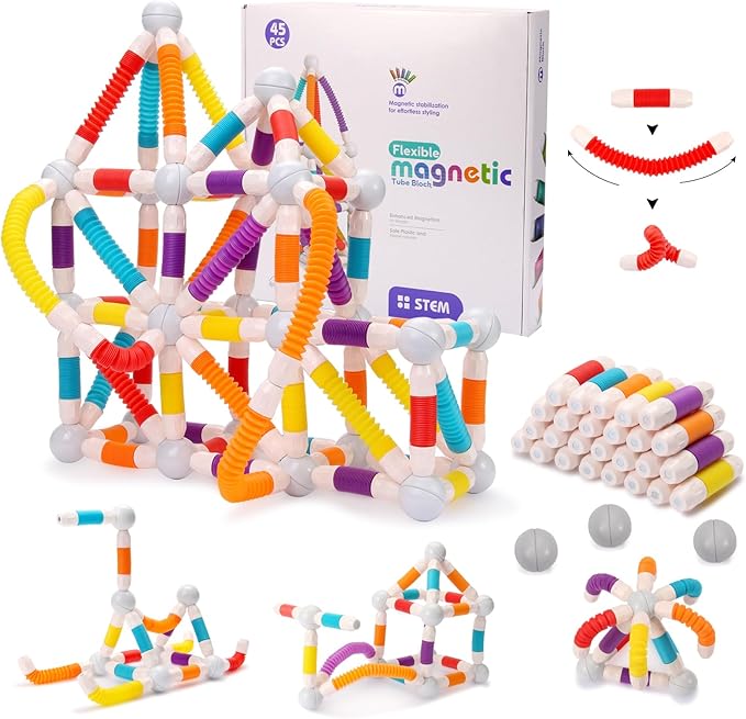 Extendable Magnetic Toy Montessori Toys for Kids Toddlers STEM Education Building Blocks 45PCS Extendable Building Block Set Birthday for Boys & Girls