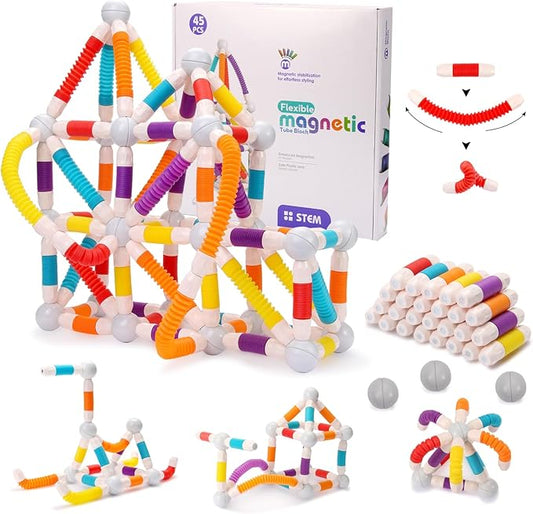Extendable Magnetic Toy Montessori Toys for Kids Toddlers STEM Education Building Blocks 45PCS Extendable Building Block Set Birthday for Boys & Girls