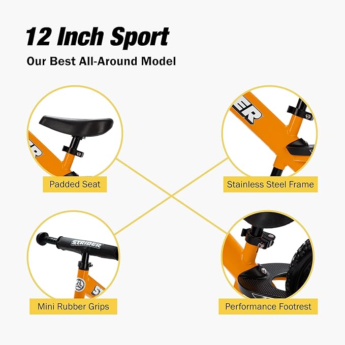 Strider 12” Sport Bike - No Pedal Balance Bicycle for Kids 1 to 4 Years - Includes Safety Pad, Padded Seat, Mini Grips & Flat-Free Tires - Tool-Free Assembly & Adjustments