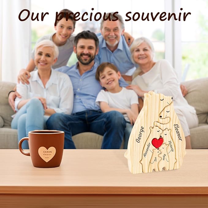 Personalized Wooden Name Puzzle Hugging Bears Family Puzzle with Names Fathers Day Home Decor Custom Mom/Dad/Family Members, Bear DecorBirthday Present (Mother and Child Bear)