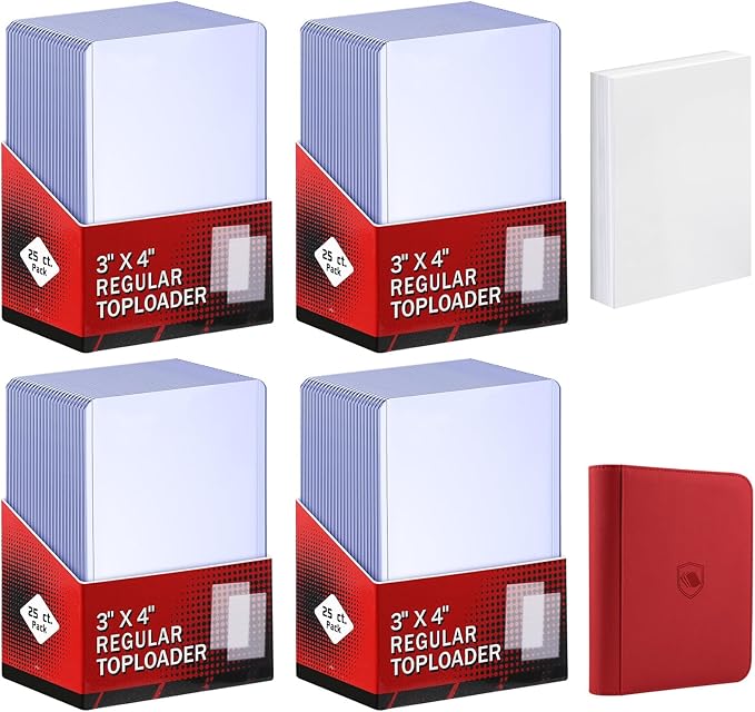 200 Card Sleeves Top Loaders for Cards Included 96 Pockets Top Loader Binder, 3" x 4" Baseball Card Protector Hard Plastic Card Holder for Sports Trading Cards (100 Toploaders + 100 Soft Sleeves)