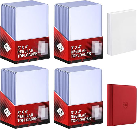 200 Card Sleeves Top Loaders for Cards Included 96 Pockets Top Loader Binder, 3" x 4" Baseball Card Protector Hard Plastic Card Holder for Sports Trading Cards (100 Toploaders + 100 Soft Sleeves)