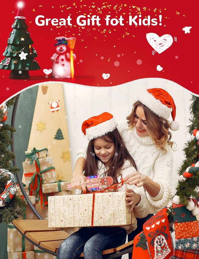 Amazmic Kids Karaoke Microphone Machine Toy Bluetooth Microphone Portable Wireless Karaoke Machine Handheld with LED Lights, Gift for Children Adults Birthday Party, Home KTV(Champagne)