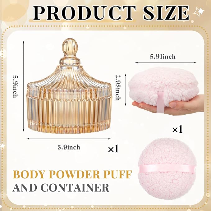 Tioncy 2 Pcs Extra Large Dusting Powder Puff and Container for Women-6'' Glass Crystal Dusting Powder Container with Body Soft Washable Reusable Velour Face(Amber,Classic)