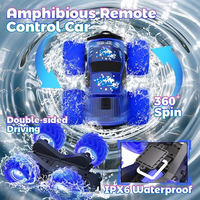 Drefirsa Blue Monster Truck Toy, Amphibious Remote Control Car, 4WD All Terrain Off-Road RC Truck with Colorful Light, RC Stunt Car Toy for 6 7 8 9 10 11 12 Year Old Boy Birthday Gift
