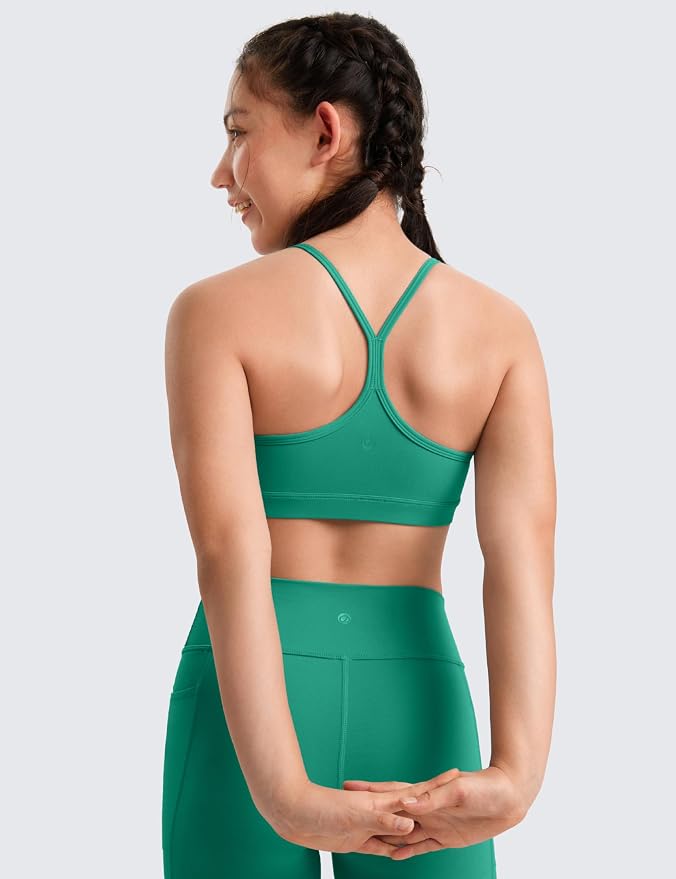 CRZ YOGA Girls Butterluxe Y Back Sports Bra - Yoga Athletic Casual Tops Scoop Neck Spaghetti Strap Padded Crop Kids Teen