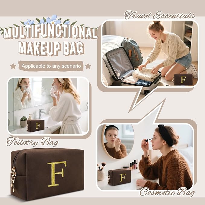 ChaoGreat Personalized Initial Makeup Bag,Preppy Cosmetic Bag for Teen Girls,Small Monogram Travel Toiletry Bag With Gold Embroidered Letter,Trendy Stuff Custom Christmas Gift for Women(Coffee-F)