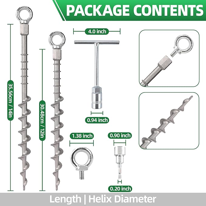 12 Pcs Screw in Tent Stakes Heavy Duty, 12" & 14" (6+6) Mixed Rustproof Aluminum Ground Anchors for Camping, Trampoline, with 8mm Drill Adapter & Hooks, Durable Metal Stakes for Sand