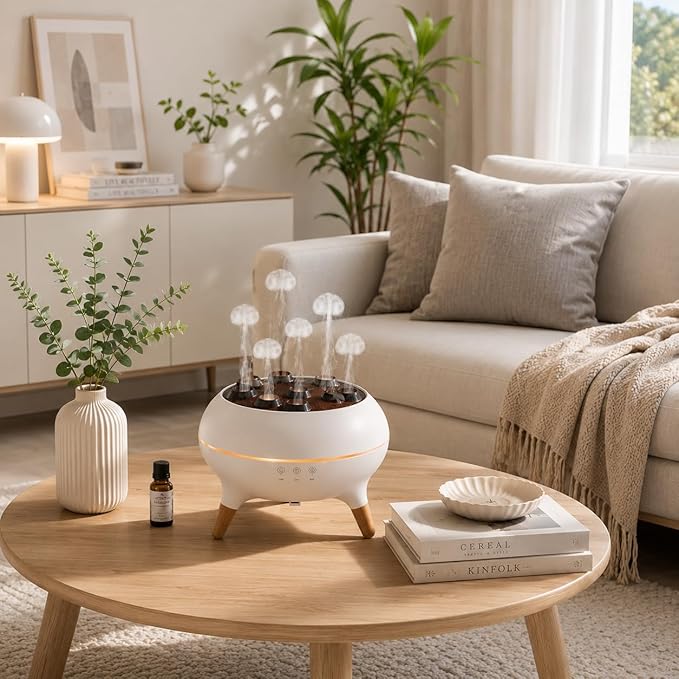Jellyfish Essential Oil Diffuser, 250ml Aroma Diffuser Humidifier with Remote Control, 7-Color LED Lights, 4/8H Timer, Sound Activated Mist Ring Mode, Cool Mist Diffuser for Bedroom, Desk, Office