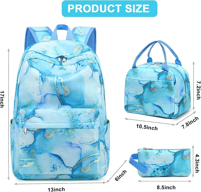 Bluboon Teen Girls School Backpack Kids Bookbag Set with Lunch Box Pencil Case Travel Laptop Backpack Casual Daypacks (Marble Gold blue)