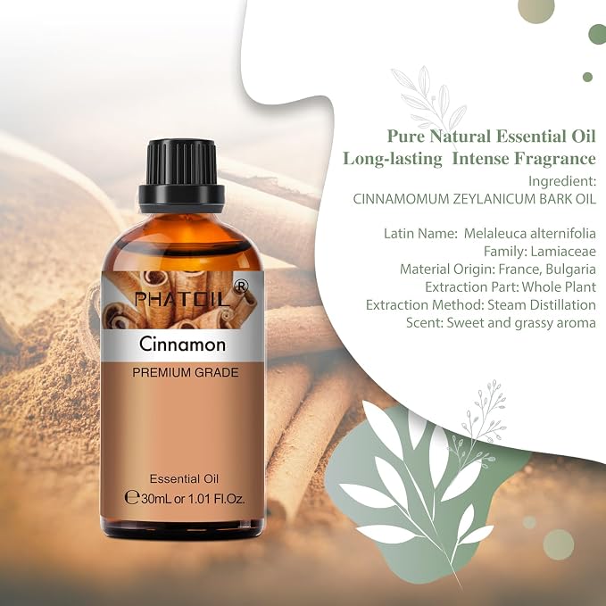 Cinnamon Essential Oil, 1.01Fl.Oz (30ML) PHATOIL Pure Essential Oil Singles for Aromatherapy Diffusers, Humidifiers, Great for DIY Candle and Soap Making, Gift for Friend