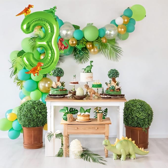 Dinosaur Green Number 3 Balloon, 40 Inch Big Large Foil Helium Green Number Balloon with 4 Pcs Mini Dinosuar, Dinosuar Mylar Balloons Set for 3 Year Old Birthday Party Decorations Supplies