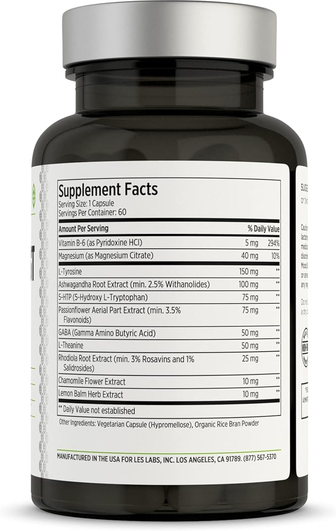 LES Labs Mood Boost – Stress Relief, Mood Support, Deep Relaxation & Better Sleep – 5-HTP, Ashwagandha, Rhodiola Rosea, Magnesium, L-Theanine & GABA – Non-GMO Supplement – 60 Capsules