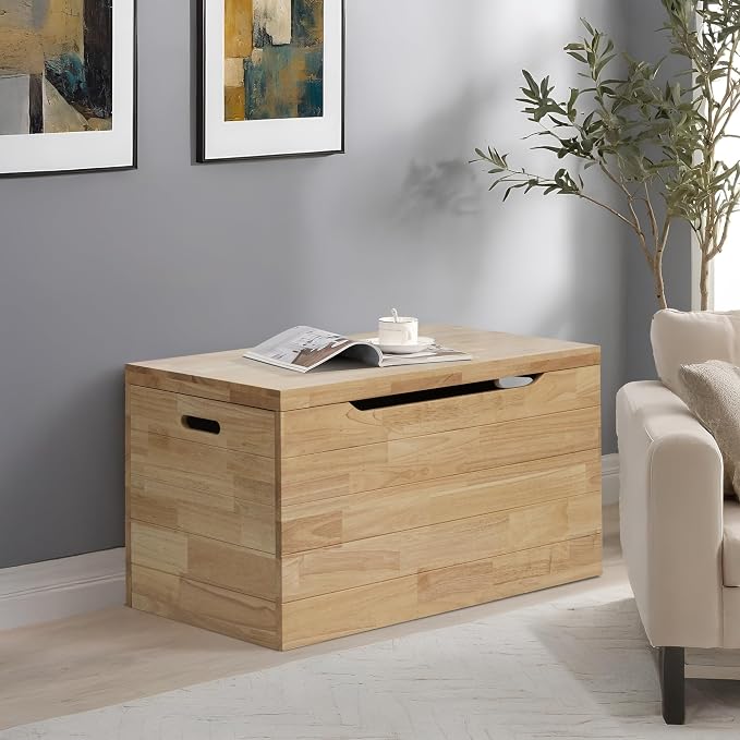 Solid Hardwood Storage Trunk, Natural, 35.5x18.63x19.5 | 2 Safety Hinges, Heavy-duty, Box, Rubberwood