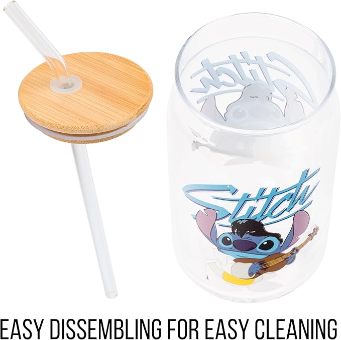 Silver Buffalo Disney Lilo and Stitch Glass Tumbler with Bamboo Lid and Glass Straw Featuring Stitch in an Elvis Costume, 16 Ounces