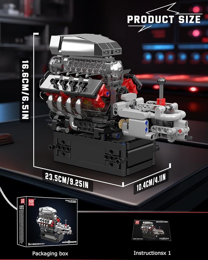 Mould King 10225 V8 Engine Model kit That Runs- Build Your Own STEM V8 Model Engine with Transmission, 8-Cylinder Car Engine kit Building Engineering Toys for Adults Collections (855+PCS)