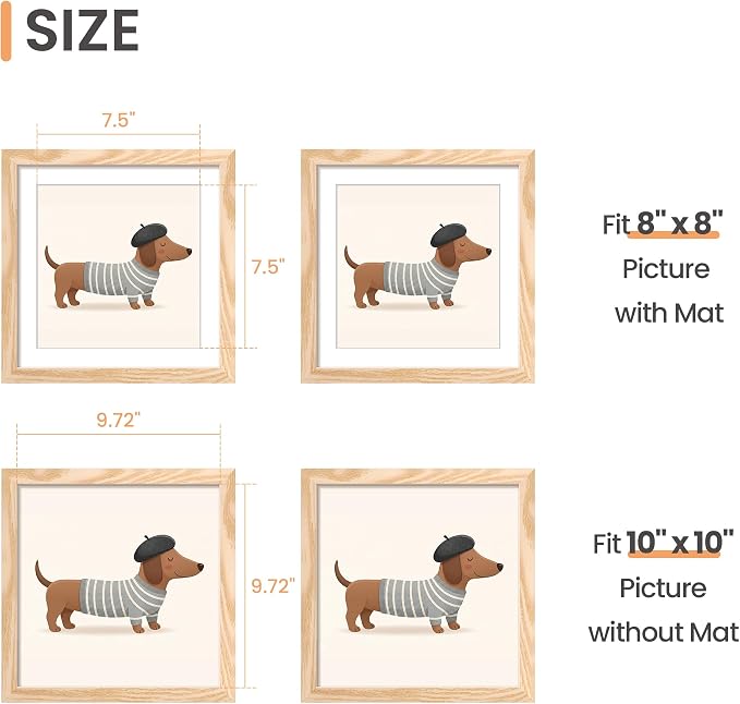 upsimples 10x10 Picture Frame, Display Pictures 8x8 with Mat or 10 x 10 Without, Wall Hanging Square Frames, Natural Style, 1 Pack