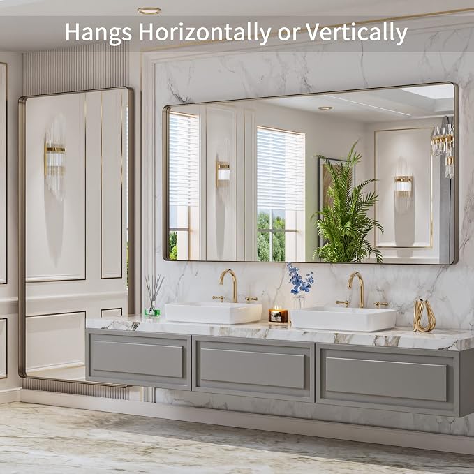 LOAAO 72"X36" Bronze Bathroom Mirrors | Rounded Rectangle, Brushed Bronze Metal Frame, Anti-Rust, Tempered Glass, Hangs Horizontally or Vertically