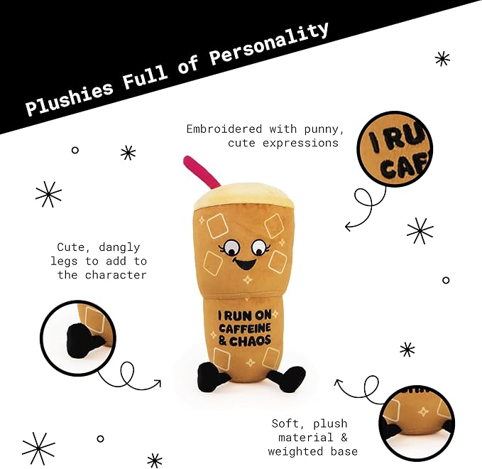 Coffee Plushie - I Run On Caffeine & Chaos Punny Plush, Gift for Coffee Lovers, Food Plush Toy for Gifting