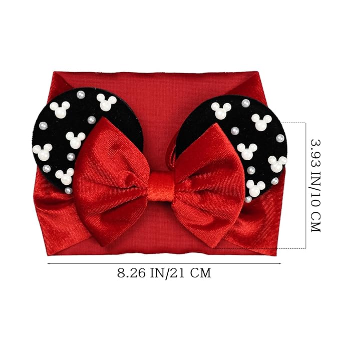 JIAHANG Baby Girl Velvet Mouse Ears Turban Headwrap with Beads, Wide Velour Hair Bow Headband for Toddler, Infants, Kids, Party Supplie