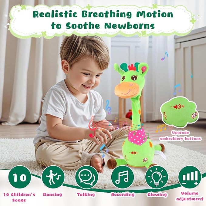 MIAODAM Dancing Giraffe Interactive Toy, Singing 10 Children's Song, Stuffed Baby Toy Repeats What You Say, Christmas Colorful Glowing Plush Interactive Toys for Toddler (Green Giraffe)