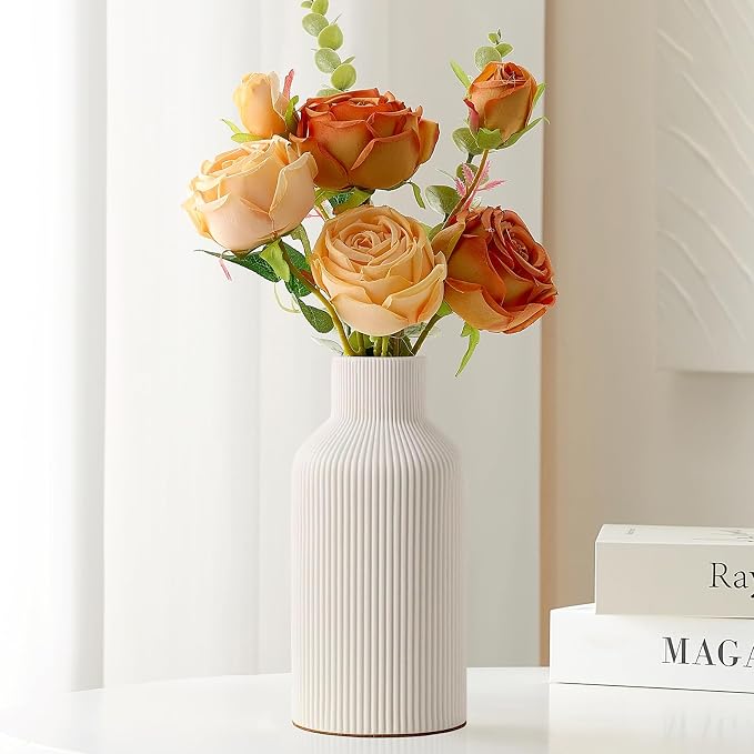 Mfacoy White Ceramic Flower Vase, Minimalist Decor, Modern Home Decorative Vase, Small Pampas Grass Vases For Kitchen, Bedroom, Office, Living Room, Bathroom, Shelf Centerpiece Table Decorations(8 in)