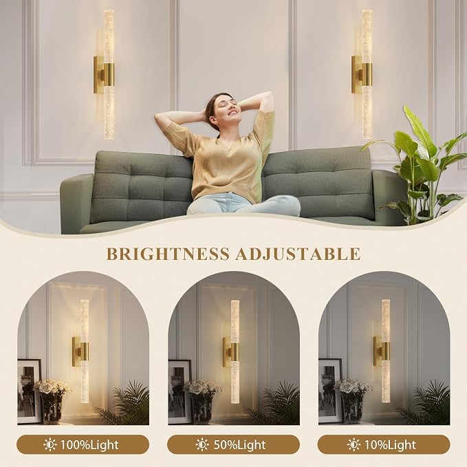 camuucci Battery Operated Wall Sconces Set of 2, Rechargeable Wall Lights | 12000mAh Long-Lasting Battery,Dimmable Cordless Sconce,,No Wiring Needed for Bedroom,Living Room,Gold 20.9-Inch