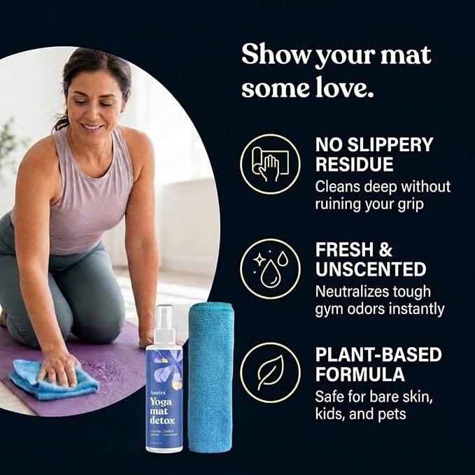 ASUTRA Yoga Mat Cleaner Spray (Fresh & Unscented), 4 fl oz - No Slippery Residue, Deep-Cleansing for Fitness Gear & Gym Equipment, Microfiber Towel Included