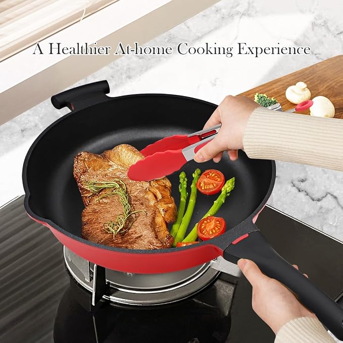 AIKENBBKK Frying Pan Skillet Nonstick with Lid, 14 Inch Large Deep Saute Pan, Big Induction Pan Non Stick, 2-1 Cooking Cookware with Helper Handle, Family Size, Suitable for All Stoves, PFOA-Free, Red