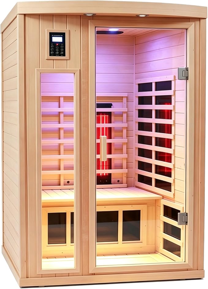 Ceramic 2 Person Infrared Sauna, Far Infrared Sauna for Home, Hemlock Wood Saunas Room, 2 in 1 Indoor Sauna with Low EMF Heaters + Ceramic Heating Cubes-Chromotherapy-Bluetooth Speaker