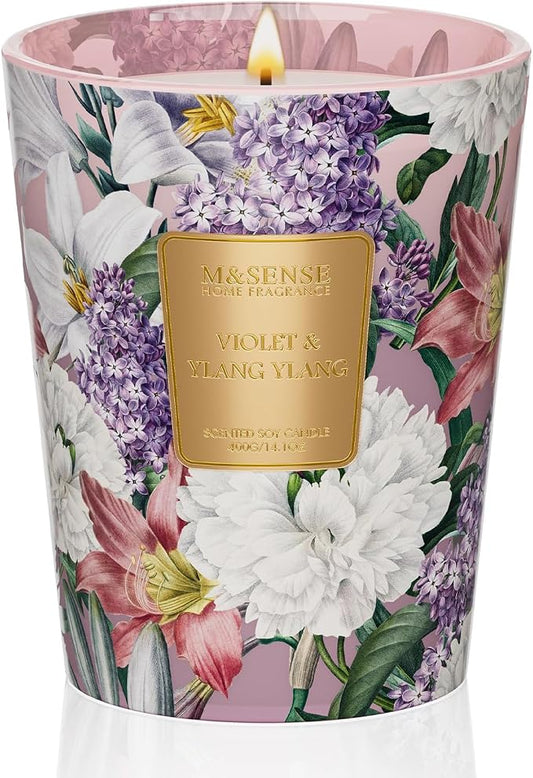 M&SENSE Violet Ylang Ylang Natural Soy Scented Candle, 14.1oz 60H Slow Burning, Calming Sleep Aromatherapy Candle, Summer Gifts for Women