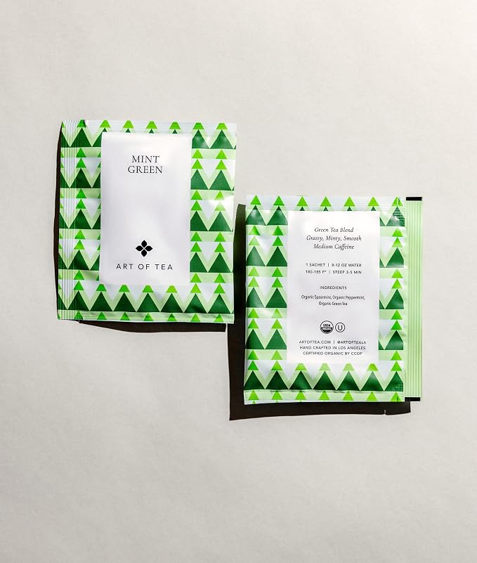 Art of Tea Organic Mint Green Tea Bags, 50 Count Premium Pyramid Sachets, Refreshing Green Tea with Peppermint & Spearmint, Smooth Caffeinated Tea for Hot or Iced Tea