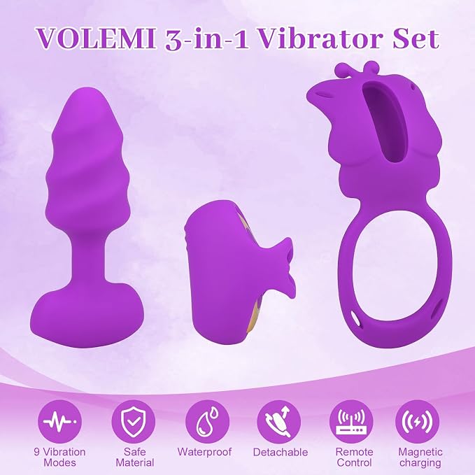 3-in-1 Couples Sex Toys Vibrator Kit Vibrating Cock Ring, Anal Butt Plug & Panty Vibrator with Remote Control, 9 Modes Adult Toys for Partner Play & Solo Clitoral G-Spot Stimulation Purple