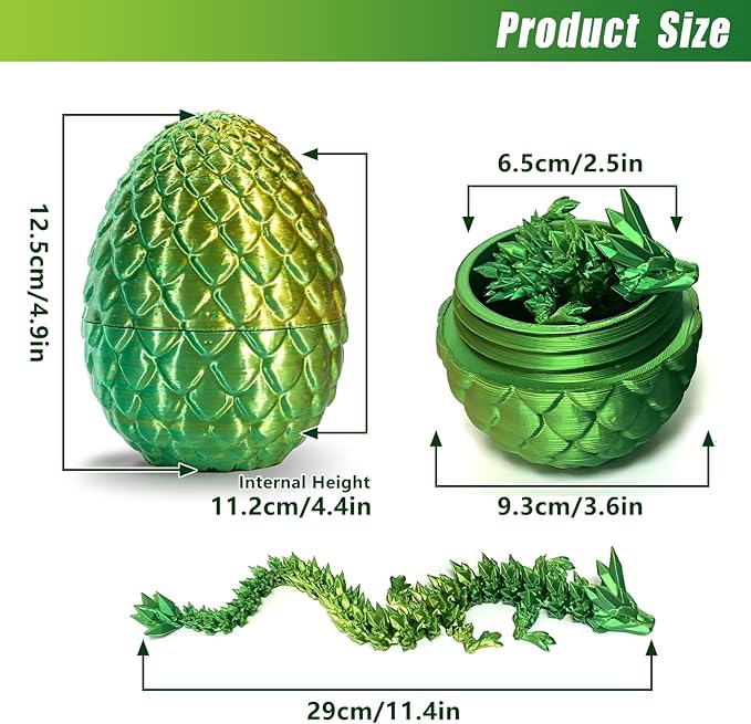 Pigmiss 3D Printed Dragon Egg Crystal Dragon Fidget Toy Full Articulated Dragon Mystery Dragon Eggs with Dragon Inside Home Office Desk Decor Gifts Toys (Laser Yellow Green)