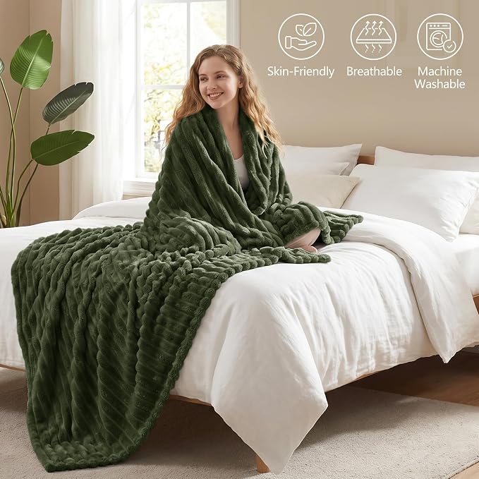 Olive Green Twin Blanket for Bed & Couch, 60 x 80 Inch | 300GSM Ribbed Fleece Blanket, Soft, Cozy & Lightweight, OEKO-TEX Certified, All-Season Use for Travel, Dorm & Home Decor