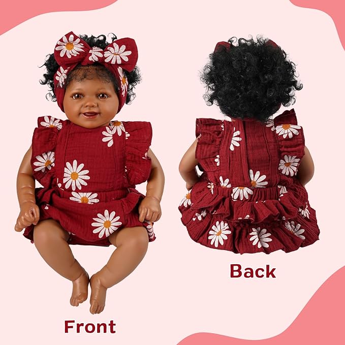 BABESIDE 2 Pcs Reborn Baby Doll Clothes with Headband for 17-22 Inch Dolls, Floral Patterns Reborn Baby Doll Accessories Set for Newborn Babydolls, Wine Red