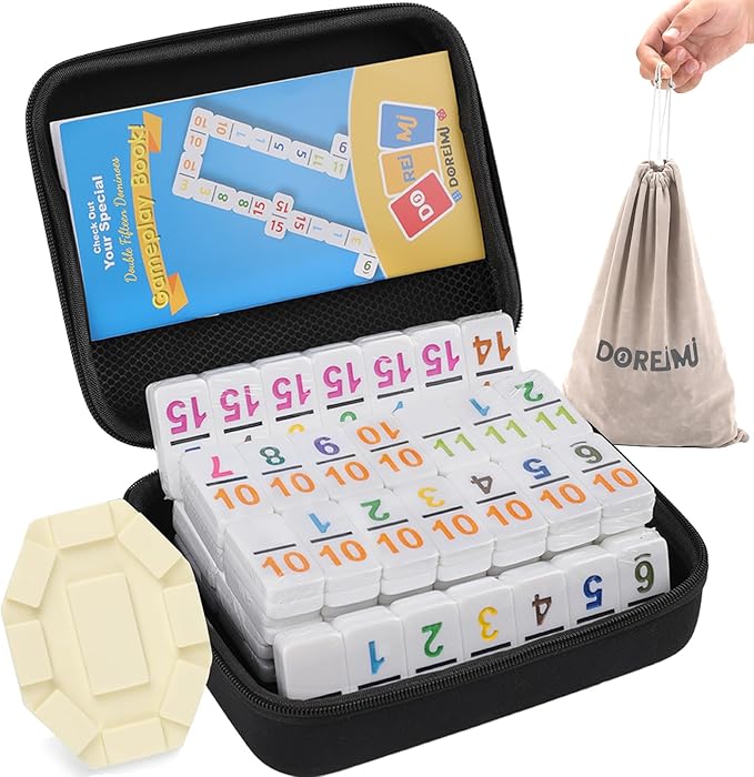 Mexican Train Dominoes Double 15 Set, 136 Colored Number Tiles with Lightweight EVA Case, Family and Adult Strategy Board Game for Travel