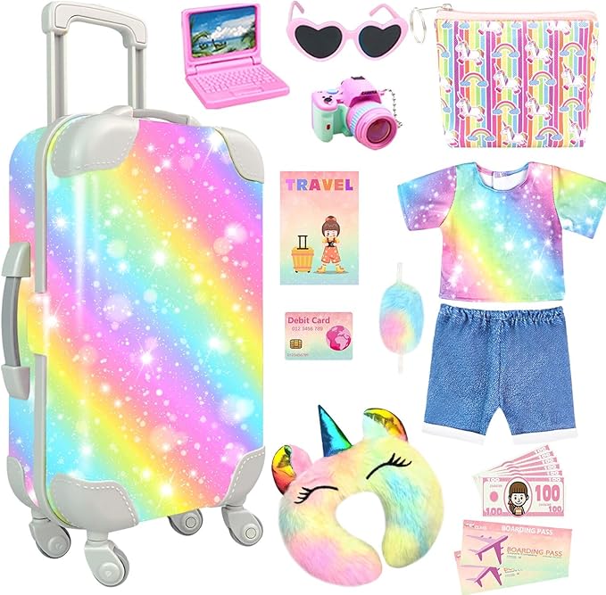 19PCS 18 Inch Doll Clothes and Accessories, Doll Travel Case Luggage Play Set with Dolls Bag, Clothes, Pillow, Sunglasses, Camera, Doll Stuff for 18 Inch Dolls Birthday for Girls Age 3+