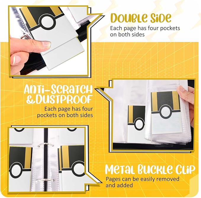 Card Binder 4 Pocket, Trading Card Holder Fits 400 Cards With 50 Removable Sleeves, Portable Collection Card Ablum, Game Card Case book With Zipper for Gift - Black