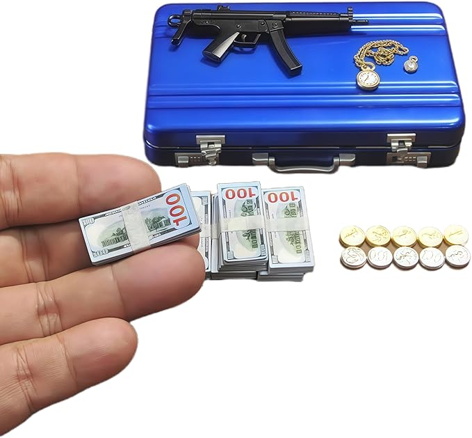 1:6 Scale Miniature Briefcase Set - Includes Fake Gold Bars, Bundles of $100 Mini Dollar Bills, Vintage Coins and Mini Weapons - Unique Adult NoveltyToy & Dollhouse Accessories (Blue)