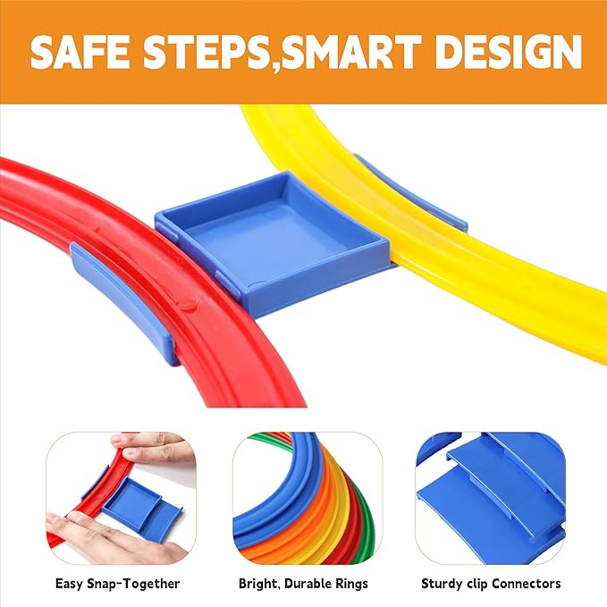 Hopscotch Rings – Hoop + Square, 2-Set – (10 Round + 10 Square, 15-inch) + 30 Connectors, Agility Rings for Kids, Gross Motor Skills, Preschool & Kindergarten PE, Playground Obstacle Course