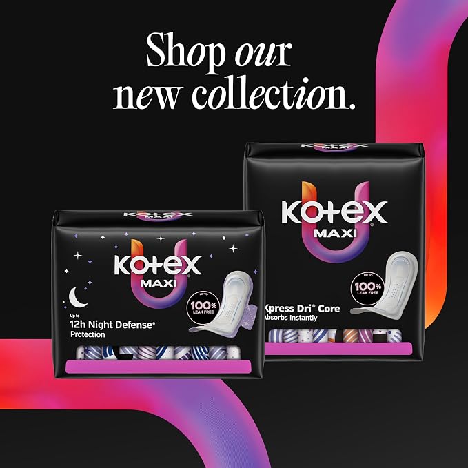 Kotex Overnight Maxi Pads with Wings, 26 Count (Packaging May Vary)
