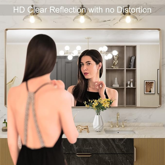 LOAAO 72"X36" Gold Bathroom Mirror | Rounded Rectangle, Brushed Gold Frame, Wall-Mounted, Anti-Rust, Tempered Glass, Hangs Horizontally or Vertically