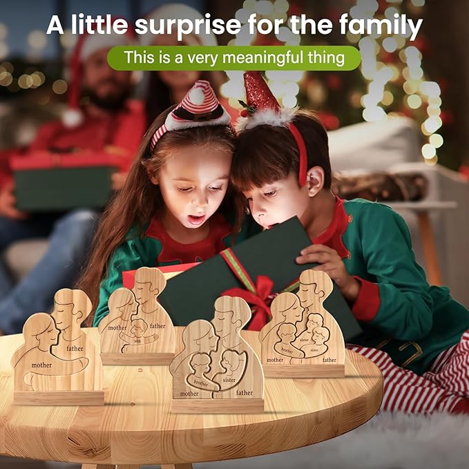Personalized Wooden Family Puzzle with 2-5 Names - Custom Hugging Art Figurine for Rustic Home Decor - Unique for Mom Dad & Kids (Family of 3 to 5)