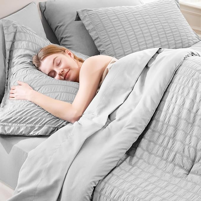 CozyLux Oversized King Comforter Set Light Grey Seersucker 7 Pieces 120x98 Bed in a Bag Comforter Set with Sheets, Light Gray Luxury Bedding Set Down Alternative Comforter, Sheets, Pillowcases & Shams