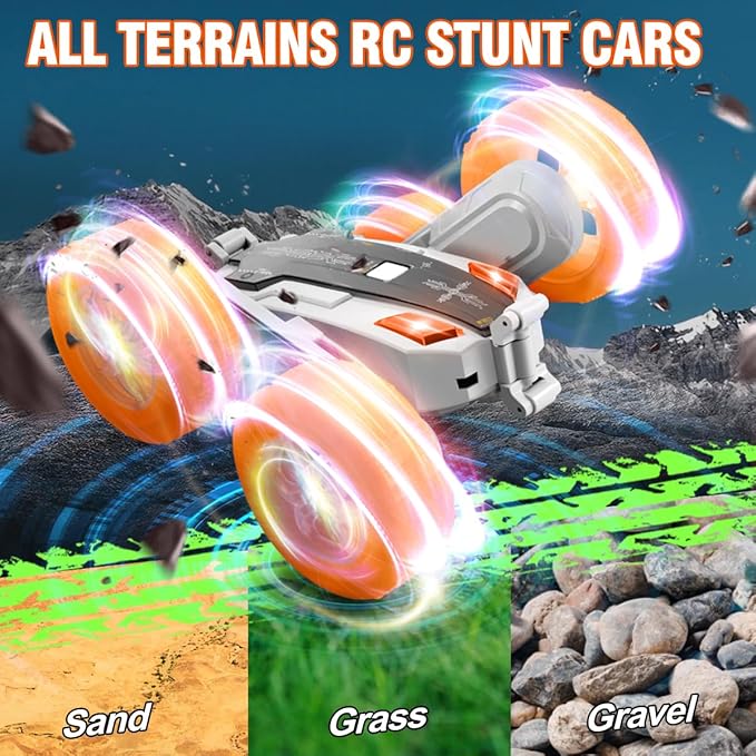 Remote-Control-Car-Stunt-RC-Car, New Upgraded 2.4Ghz 4WD Double-Sided 360° Rotating RC Crawler with Headlights & Wheel Lights, RC Truck Toy Cars Gift for Kids Boys and Girls Aged 6-12