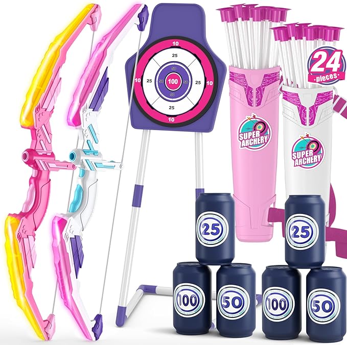 2 Pack Bow and Arrow for Kids 4-6, LED Light Up Archery Set with 24 Suction Cup Arrows, 1 Standing Target, 6 Score Targets & 2 Quiver, Indoor Outdoor Sport for Girls Ages 8-12