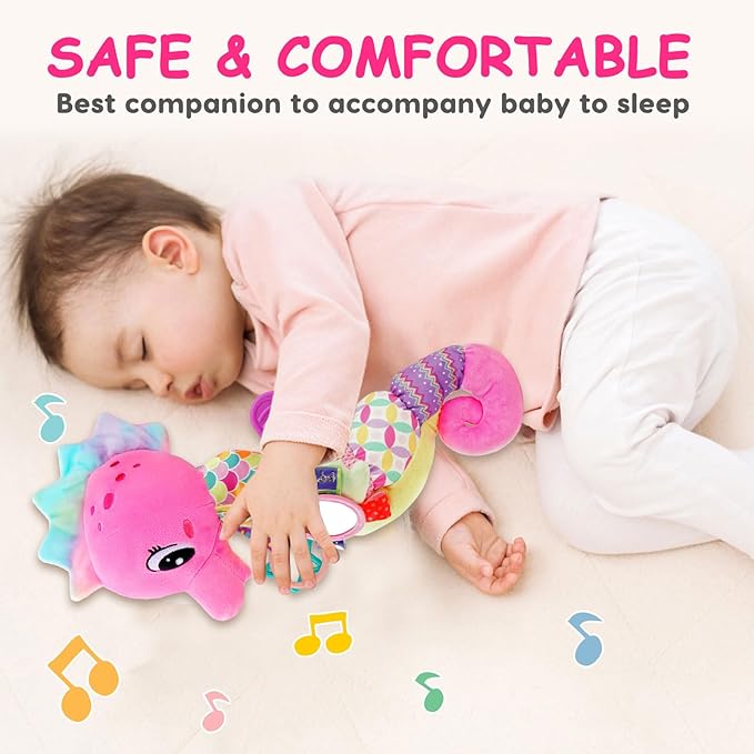 Baby Girl Toys 0-6 Months Musical Seahorse Stuffed Animal Tummy Time Toys for Infant 3-6 6-12 Months with Baby Mirror Sensory Newborn Crinkle Developmental Pink Toy Birthday Shower Gifts 0-3 4 5 Month