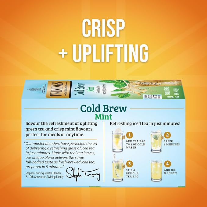 Twinings Cold Brewed Iced Tea - Mint Flavored Green Tea with Peppermint Leaves, Caffeinated Green and Black Tea Extracts, Unsweetened Cold Brew Tea Bags Individually Wrapped, 20 Count